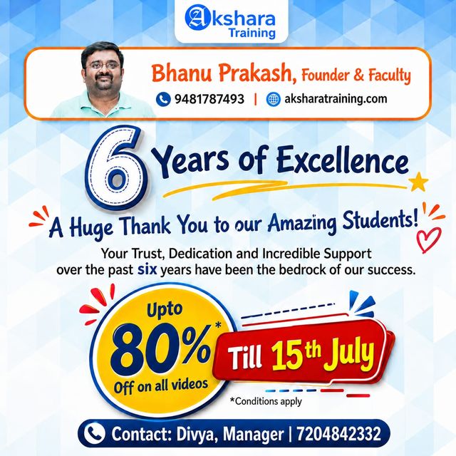 Akshara Training — 6 Years of Excellence. Up to 80% off on all videos, till 15th July.